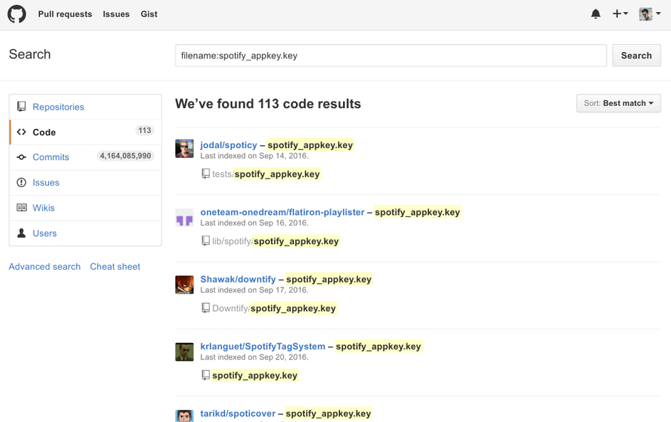 GitHub search results for 'filename:spotify<em>appkey.key'